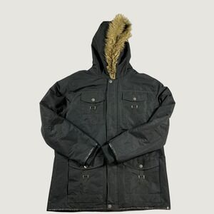 Surplus Thread Collective Mens XL Black Parka Jacket Faux Fur Hood Quilted Coat